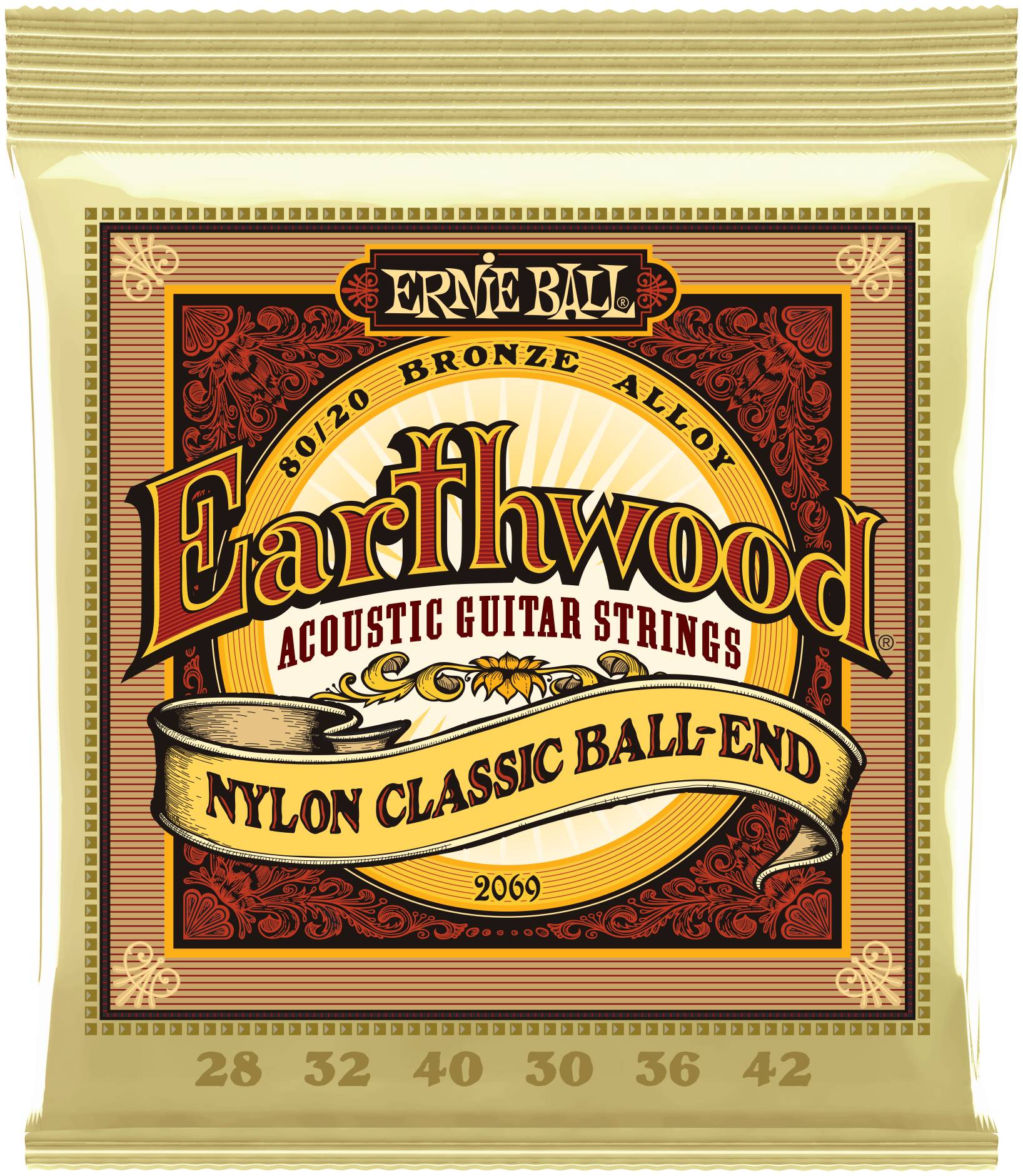 ERNIE BALL 2069 Earthwood 80/20 Folk Nylon 28-42 - Струны для классической гитары с шариками