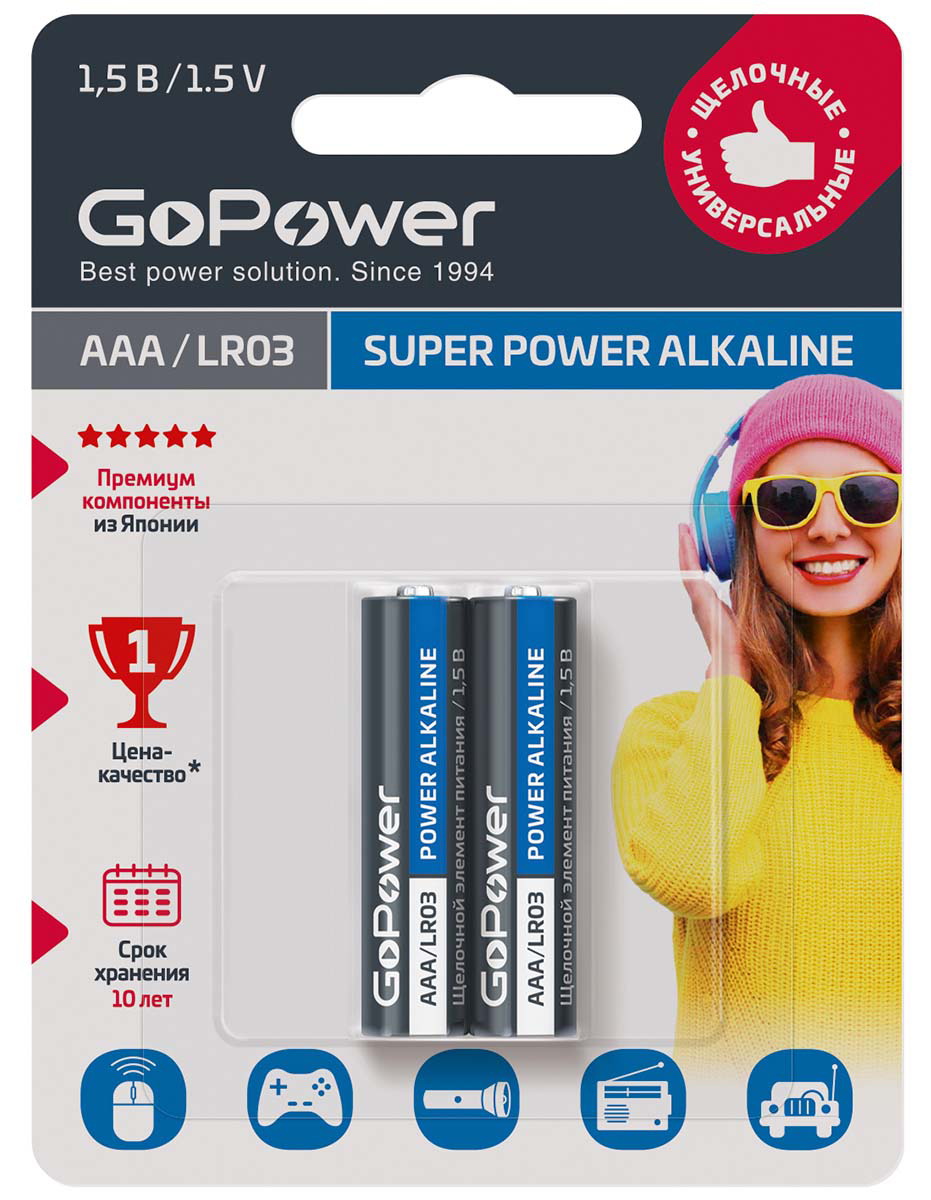 00-00019862 Super Power Alkaline Элемент питания AAA/LR03 щелочной 1.5В, 2шт, GoPower
