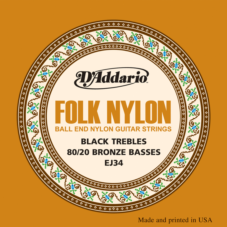 EJ34 Folk Nylon Струны для фолк гитары, шарики на концах, 80/20 бронза/черный нейлон, D'Addario