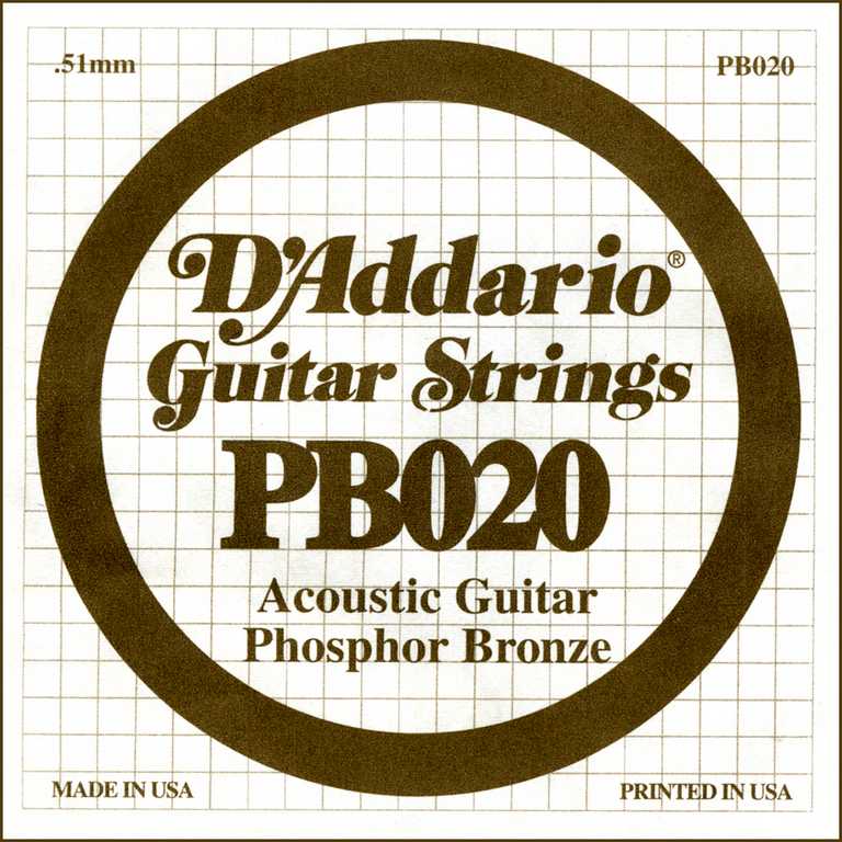 PB020 Phosphor Bronze Отдельная струна для акустической гитары, фосфорная бронза, .020, D'Addario