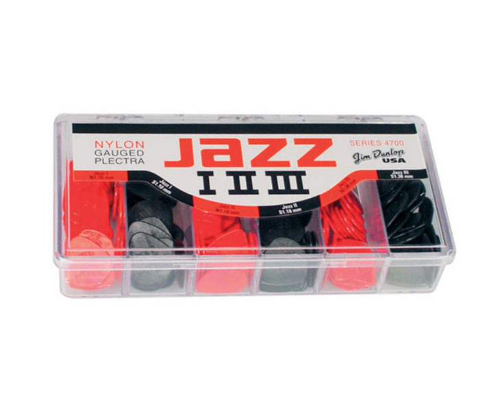 4700 Nylon Jazz I, II, III Коробка медиаторов, 144шт, 2 цвета, 3 формы, Dunlop