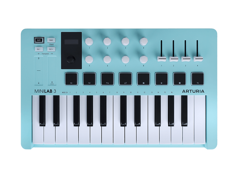 MIDI клавиатура [231599] Arturia [MiniLAB 3 Aquamarine] 25 клавиш, 8 энкодеров, 8 RGB пэдов, 8 фейдеров, дисплей, сенсорные регуляторы Pitch/Modulation, MIDI-выход, 1/4" Jack вход педали, реж
