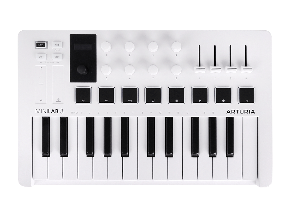 MIDI клавиатура [231501] Arturia [MiniLAB 3] 25 клавиш, 8 энкодеров, 8 RGB пэдов, 8 фейдеров, дисплей, сенсорные регуляторы Pitch/Modulation, MIDI-выход, 1/4" Jack вход педали, режим Chord, а