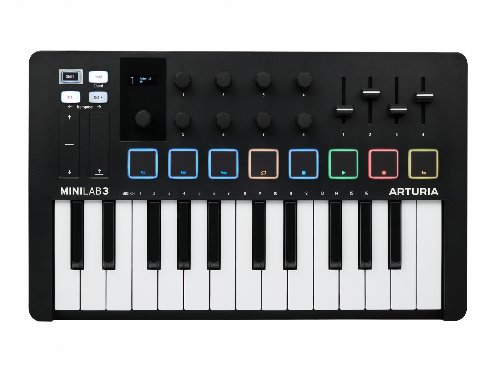 MIDI клавиатура [231502] Arturia [MiniLAB 3 Black Edition] 25 клавиш, 8 энкодеров, 8 RGB пэдов, 8 фейдеров, дисплей, сенсорные регуляторы Pitch/Modulation, MIDI-выход, 1/4" Jack вход педали, 