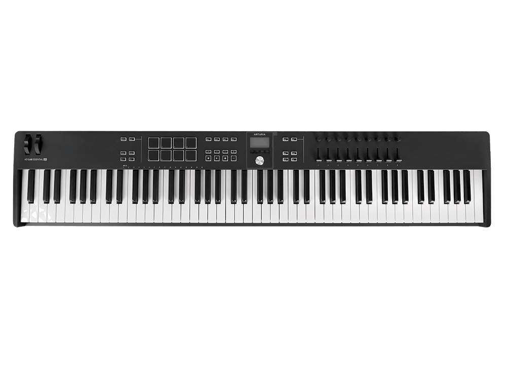 MIDI клавиатура [231542] Arturia [KeyLab Essential 88 mk3 Black] 88 клавиш, LCD дисплей, 9 энкодеров, 8 пэдов, 9 фейдеров, 12 кнопок управления, колеса высоты тона и модуляции, 1/4" Jack вход