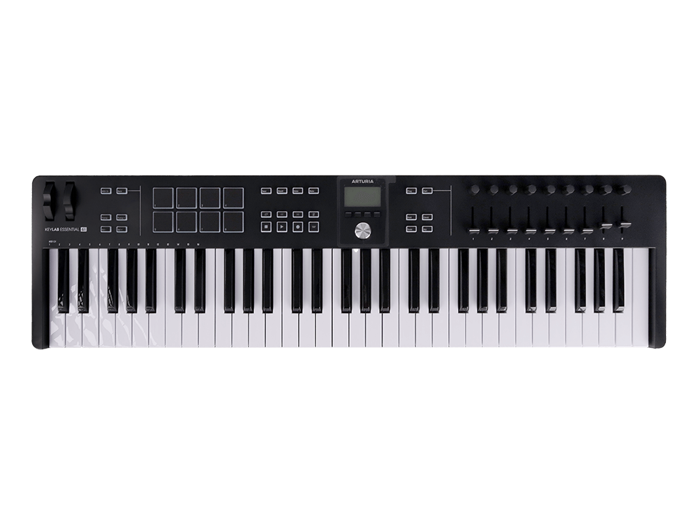 MIDI клавиатура [231532] Arturia [KeyLab Essential 61 mk3 Black] 61 клавиша, LCD дисплей, 9 энкодеров, 8 пэдов, 9 фейдеров, 12 кнопок управления, колеса высоты тона и модуляции, 1/4" Jack вхо