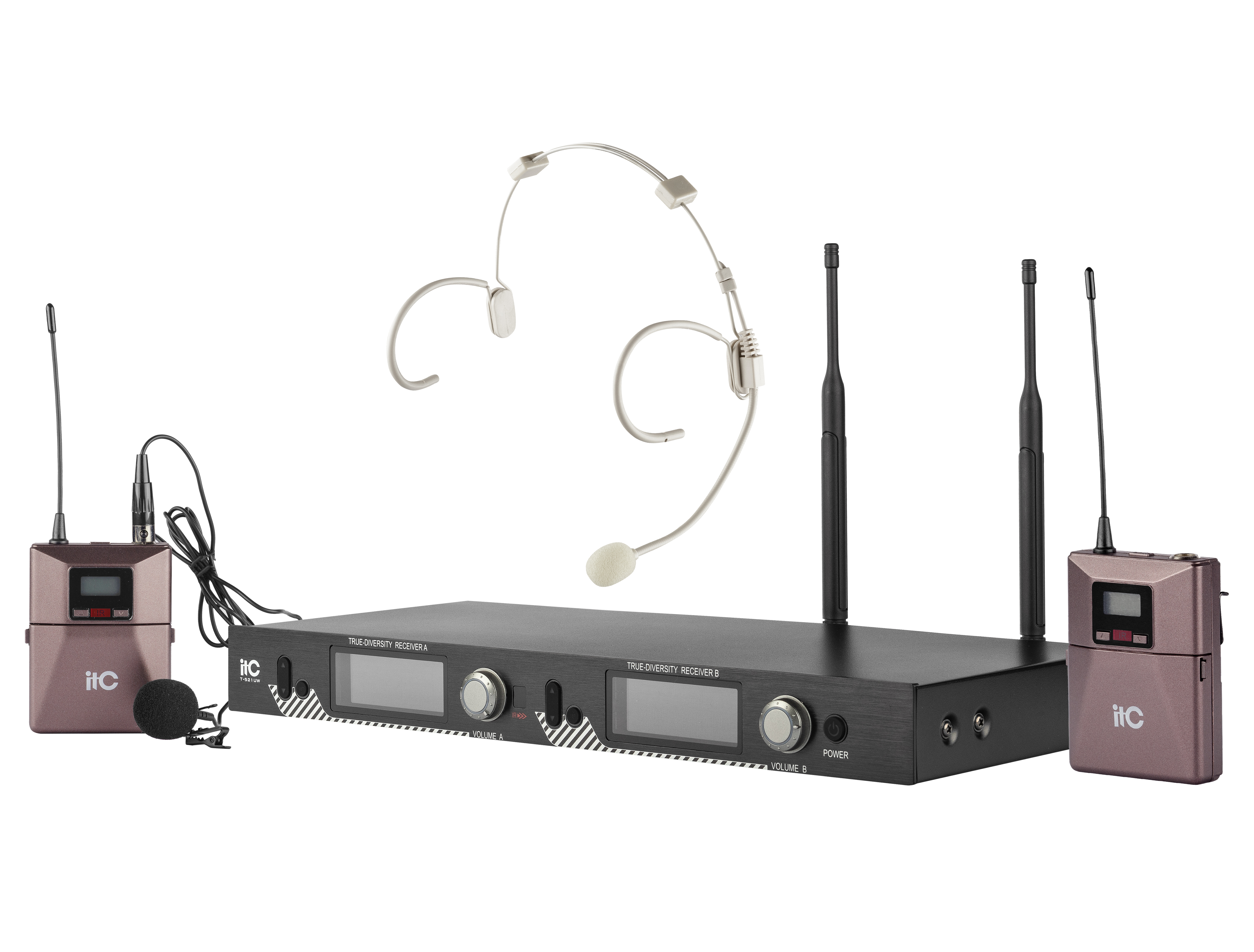 Радиосистема [T-521UW] ITC, UHF двухканальная радиосистема с головным и петличным микрофонами. LCD дисплей. True Diversity. Одновременная работа до 6 каналов
