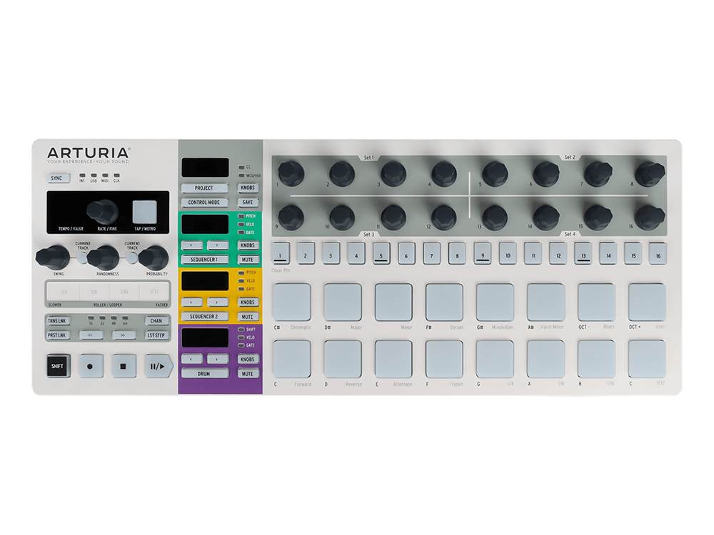 MIDI контроллер (Микшер-семплер (контроллер)) [430111] Arturia [BeatStep Pro] 2 независимых монофонических 64-шаговых мелодических секвенсора, 16-трековый секвенсор ударных, 16 проектов, в ка