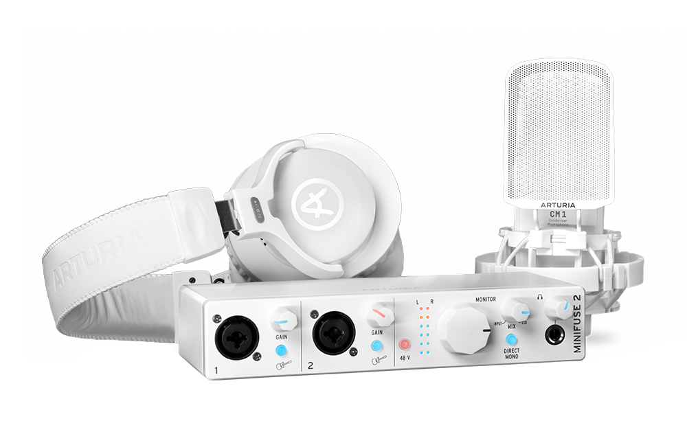 Аудиоинтерфейс USB [800212] Arturia [MiniFuse Recording Pack White] комплект: MiniFuse 2, микрофон CM1, поп фильтр, наушники EF1 и XLR кабель. Цвет - белый