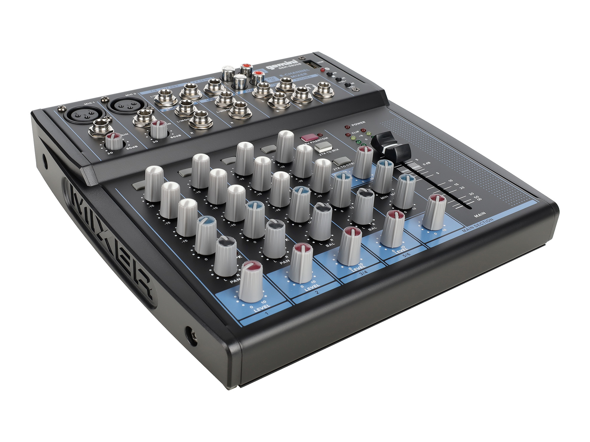 Микшер [GEM-08USB] Gemini [GEM-08USB] аналоговый, 8 каналов, выход на наушники, Bluetooth, USB-проигрыватель файлов в формате MP3/WAV