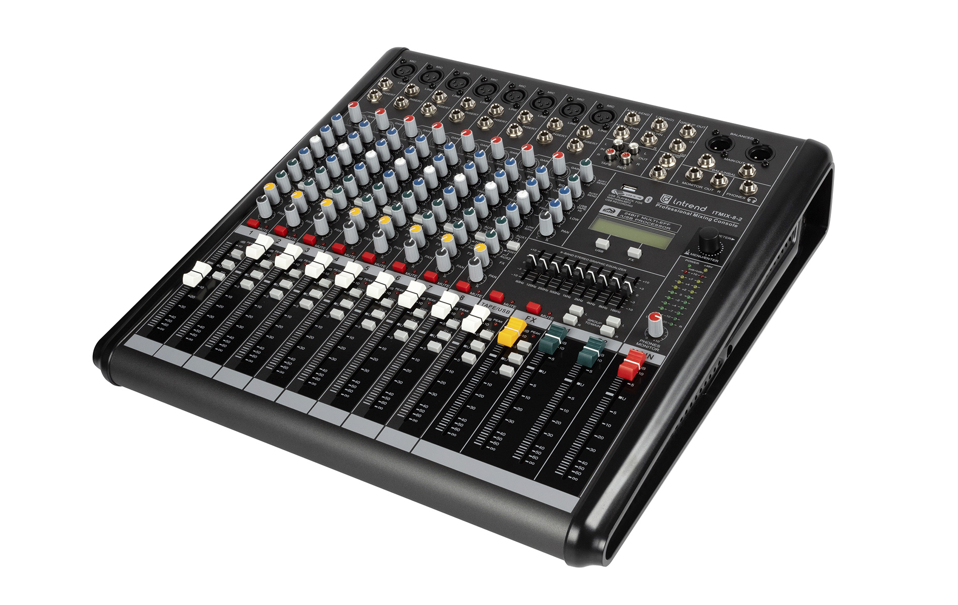 Микшер Intrend [ITMIX-8-2] аналоговый, 12 входов (8 аналоговых, 1 стерео, 2 USB), 2 группы, Bluetooth, USB MP3 плеер, процессор эффектов 24-бит, 9-полосный графический эквалайзер