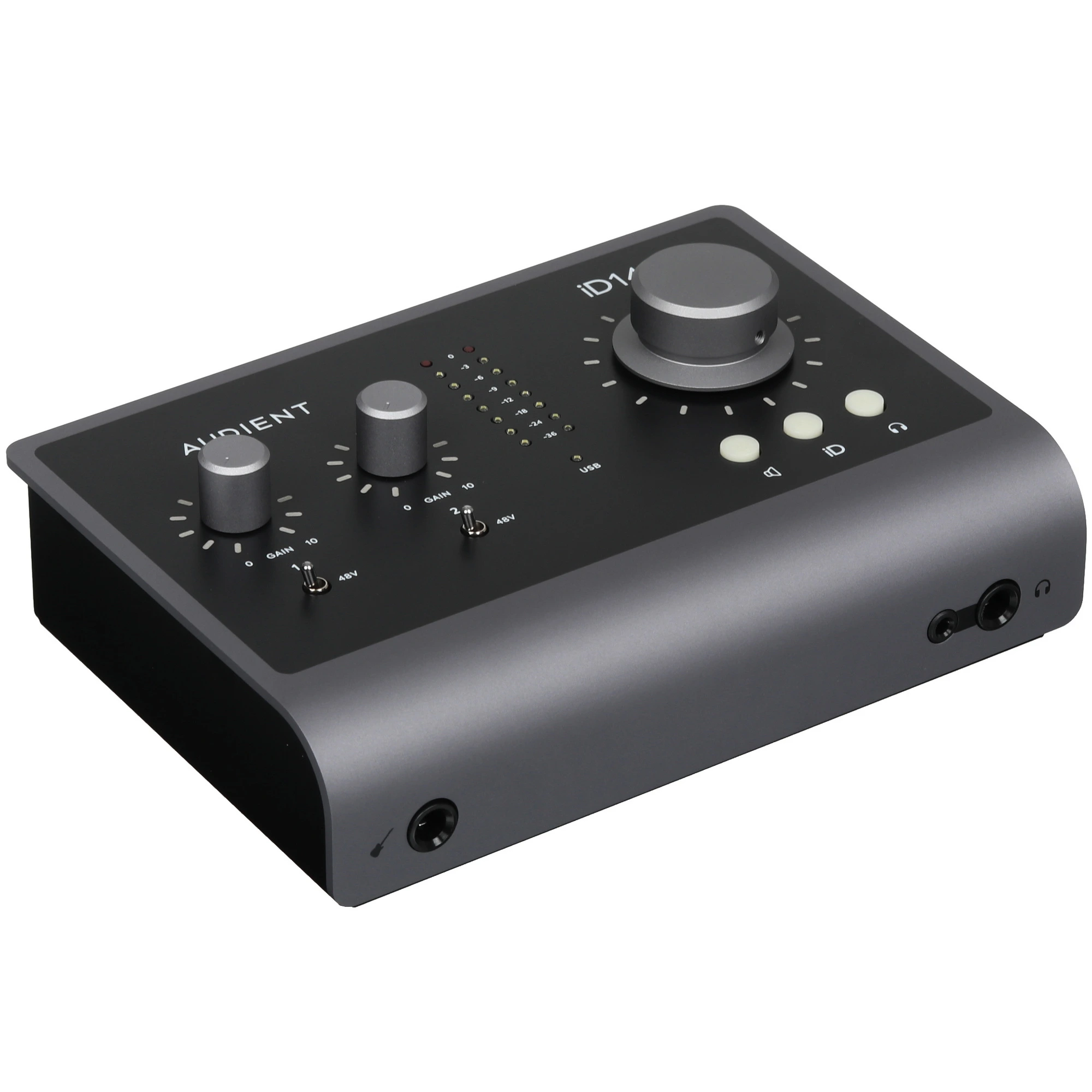 Аудиоинтерфейс USB Audient [ID14MKII] 24бит/96кГц, 4х 1/4 балансный линейный выход, 2х XLR-1/4" комбинированных микрофонных/линейных входа, 1х 1/4 JFET инструментальный вход, 1х ADAT/SPDIF оп
