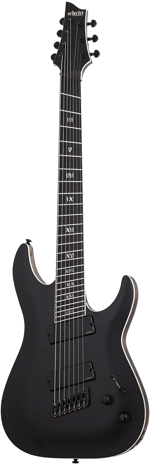 Электрогитара SCHECTER [C-7 MULTISCALE SLS ELITE "EVIL TWIN" SBK] электрогитара 7-струнная мультимензурная, корпус: болотный ясень, топ: огненный клен, гриф: клён/орех/падук, накладка: черное
