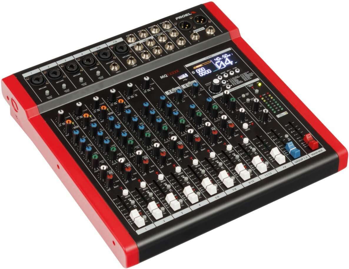 Микшерный пульт PROEL [MQ1222X] 12-ти канальный, 24 бит/48 кГц DSP, Bluetooth, медиа-плеер, 4x Combo XLR мик./лин. входа, 2x XLR+1/4" TRS (L/R) стерео мик./лин. входа, 2x XLR+1/4" TRS Main вы