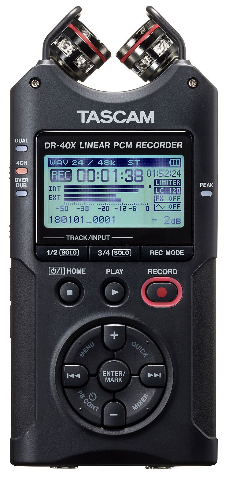Рекордер мобильный [DR40X] Tascam [DR-40X] АЦП/ЦАП: 24 бит/96 кГц, 20-20000 Гц, THD: 0,01%, S/N: 94 дБ, микрофоны: 2 х всенаправленных A-B/X-Y, 2xCombo XLR/TRS Jack / 1/8" Stereo mini Jack, п