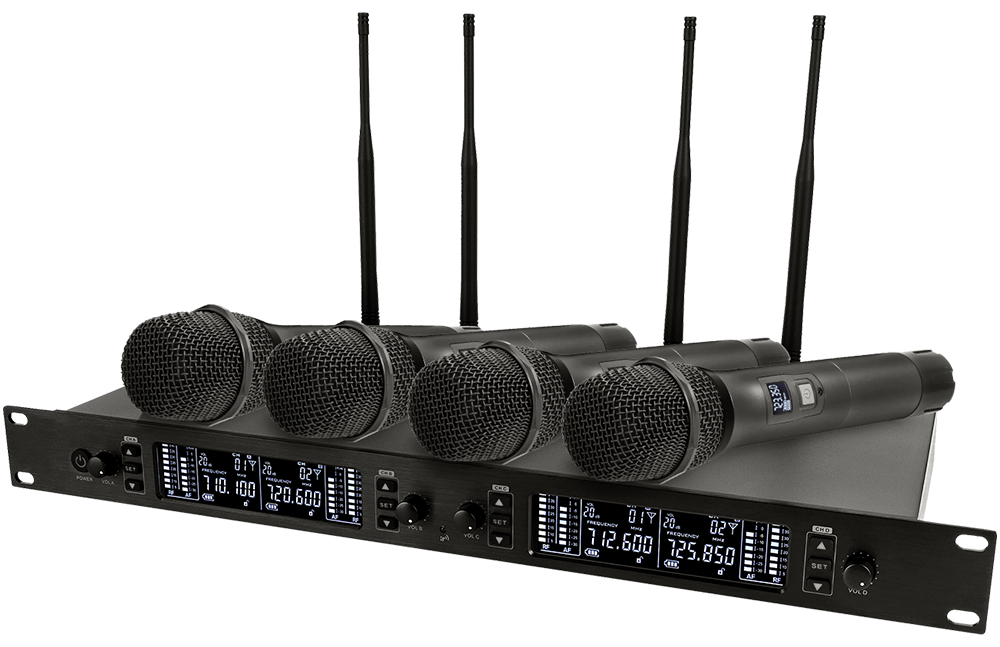 Микрофонная радиосистема Axelvox [DWS7000HT(FCBundle)] UHF 710-726 MHz, 4 x 16 каналов,LCD дисплей, 4х ИК порт, 4 ручных микрофона, 4 силиконовых кольца