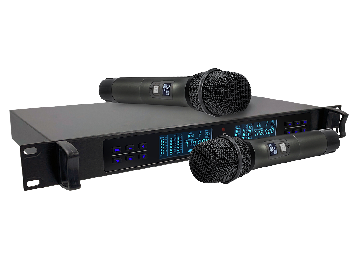 Микрофонная радиосистема Axelvox [DWS7000HT (RT Bundle)] UHF 710-726 MHz, 2 х 32 канала,LCD дисплей, 2х ИК порт, 2 ручных микрофона, 2 держателя на стойку, 2 силиконовых кольца, рэковый прием