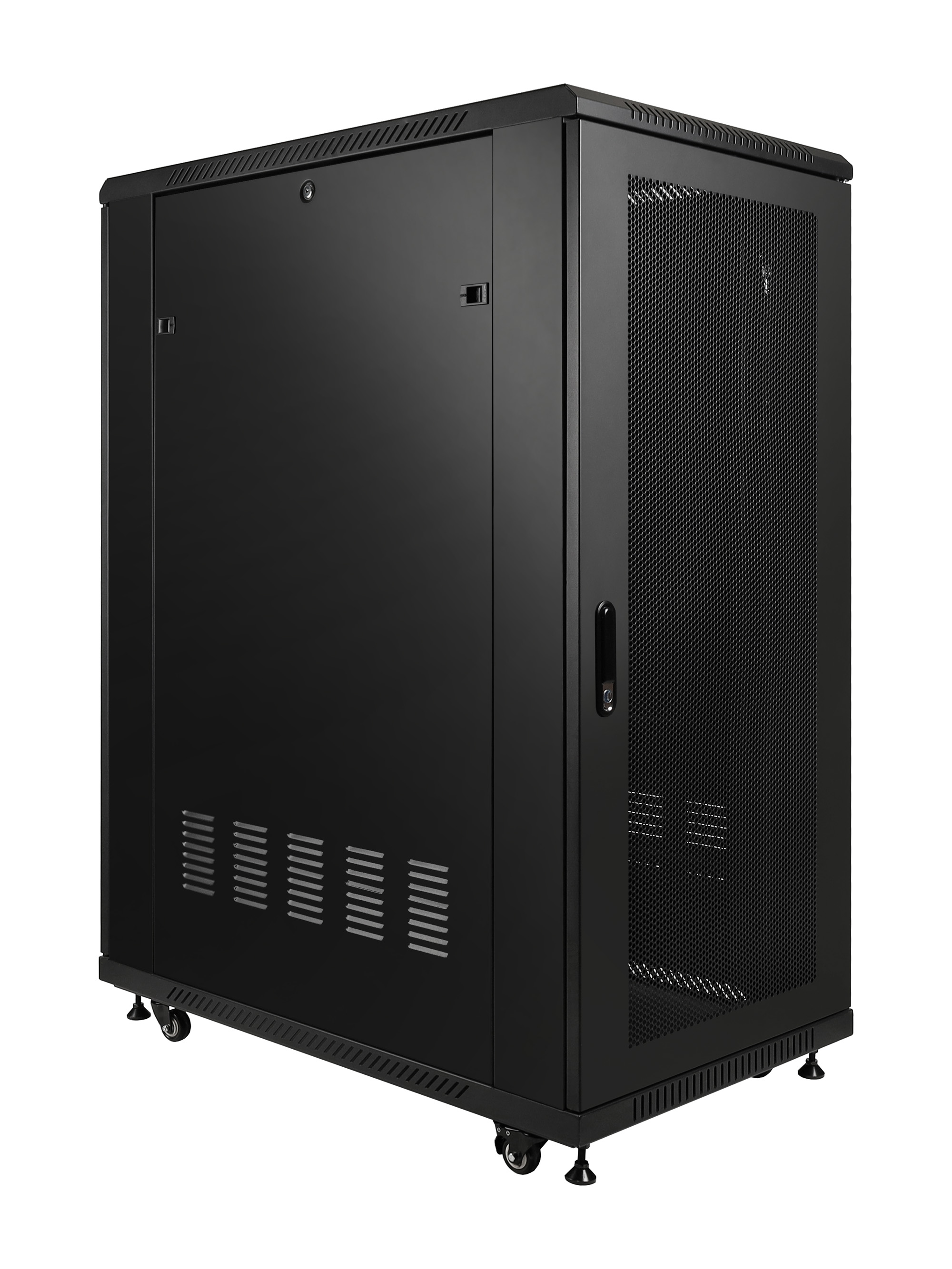 Рэковая стойка Wize Pro [W27U100R-M] 19, 27U, 600х1000 мм, передняя и задняя двери металлические перфорированные, колеса, рэковые гайки: 20 шт, макс. вес нагрузки 800 кг, сталь, черный (3 мес