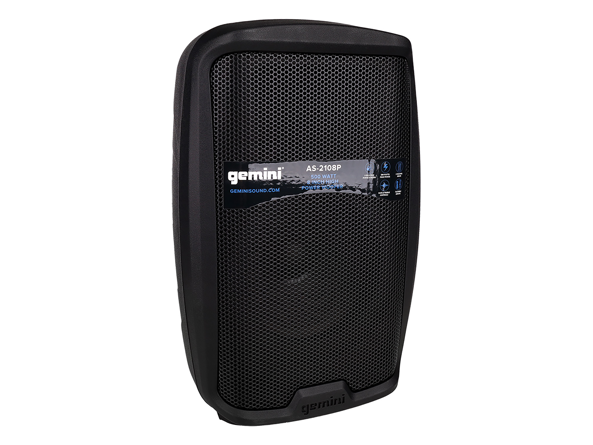Акустическая система Gemini [AS-2108P] Активная, 2-х полосная, мощность RMS/Peak 250/500 Вт, АЧХ 60-20000 Гц, Max SPL 98 дБ, динамики: 8" НЧ, 1" ВЧ, входы: 1/8" TRS AUX, RCA (L/R) AUX, 2xXLR 