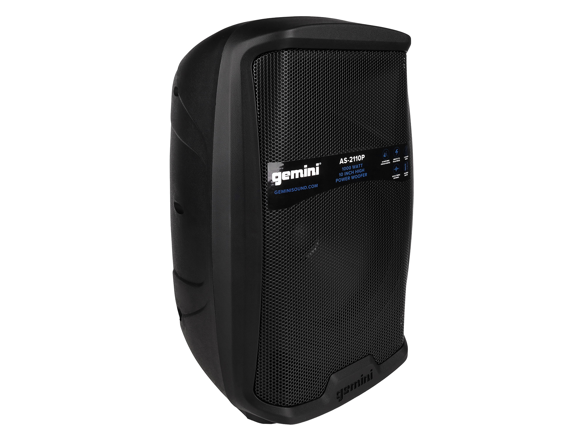 Акустическая система Gemini [AS-2110P] Активная, 2-х полосная, мощность RMS/Peak 500/1000 Вт, АЧХ 55-20000 Гц, Max SPL 100 дБ, динамики: 10" НЧ, 1" ВЧ, входы: 1/8" TRS AUX, RCA (L/R) AUX, 2xX