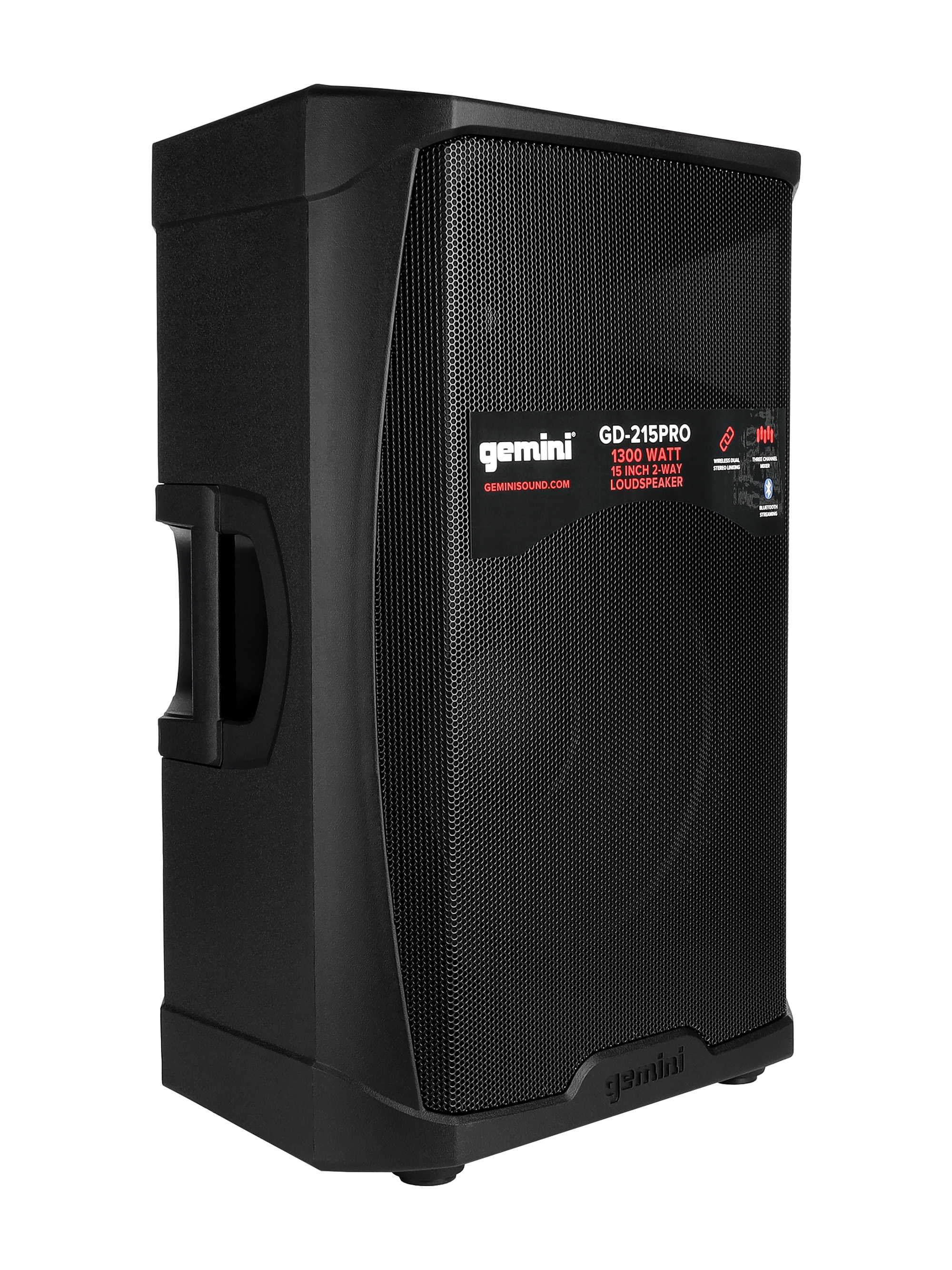 Акустическая система Gemini [GD-215PRO] Активная, 2-х полосная, мощность RMS/Peak 280/1300 Вт, Max Peak SPL 120 Вт, динамики: 15" НЧ, 1,35" ВЧ, входы: 1/8 TRS AUX, 2x 1/4" TRS, 2x XLR, 2x RCA