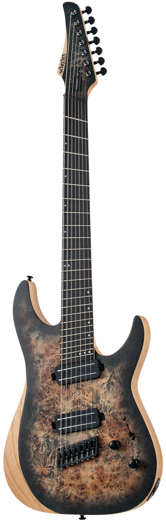 Электрогитара SCHECTER [REAPER-7 MULTI-SCALE CB] электрогитара 7-струнная, мультимензур, корпус: болотный ясень, топ: кап, гриф: клен, накладка: черное дерево, 24 лада, цвет: Satin Charcoal B