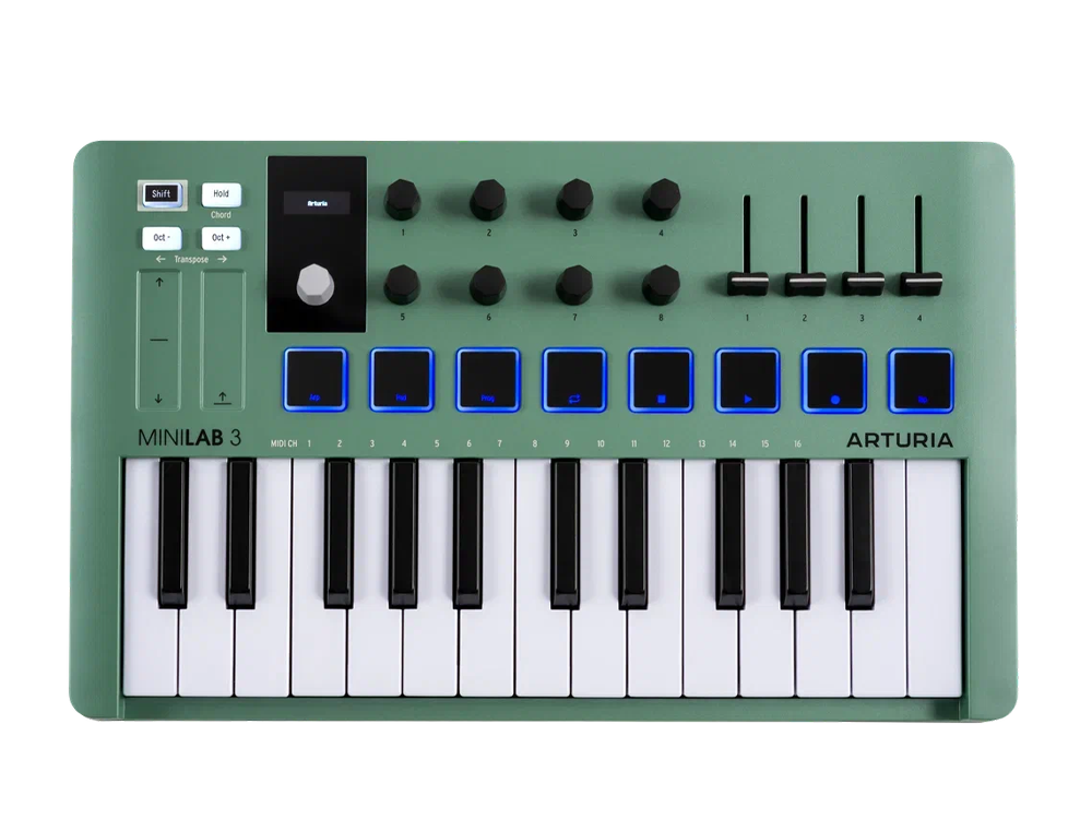 MIDI клавиатура [231506] Arturia [MiniLAB 3 Mint Edition] 25 клавиш, 8 энкодеров, 8 RGB пэдов, 8 фейдеров, дисплей, сенсорные регуляторы Pitch/Modulation, MIDI-выход, 1/4" Jack вход педали, р