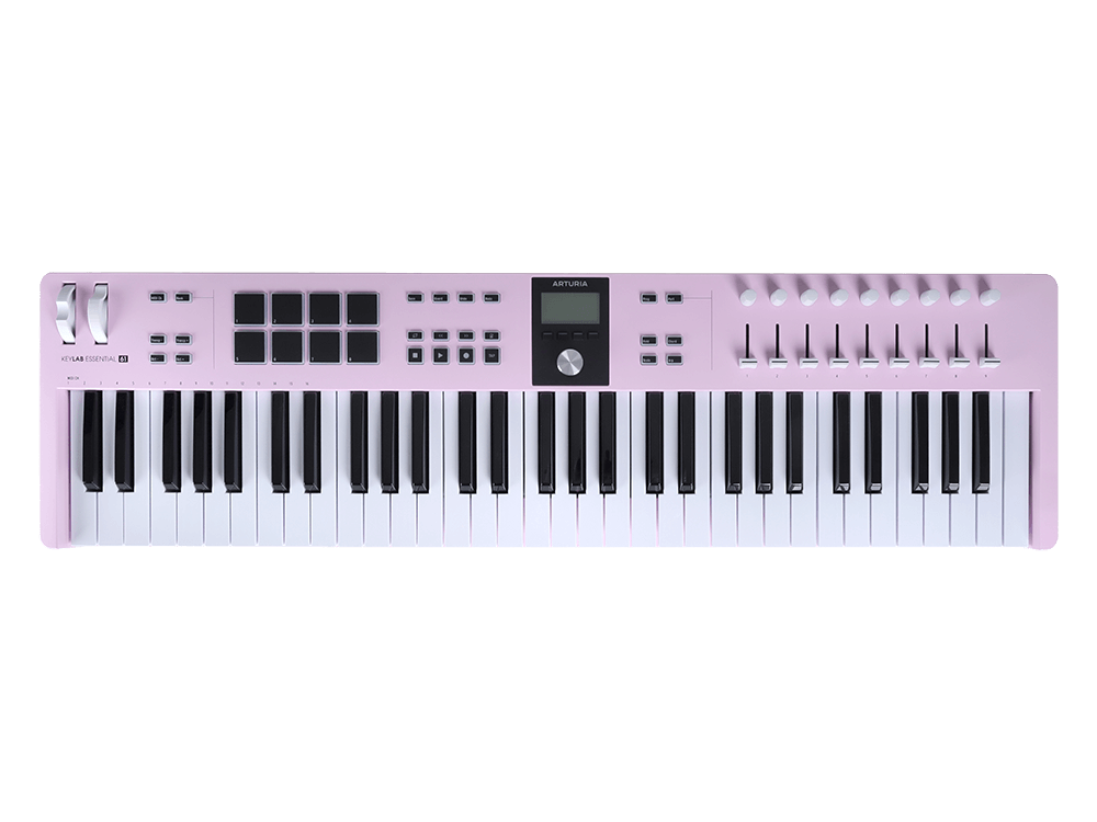 MIDI клавиатура [231535] Arturia [KeyLab Essential 61 mk3 Rose Quartz] 61 клавиша, LCD дисплей, 9 энкодеров, 8 пэдов, 9 фейдеров, 12 кнопок управления, колеса высоты тона и модуляции, 1/4" Ja