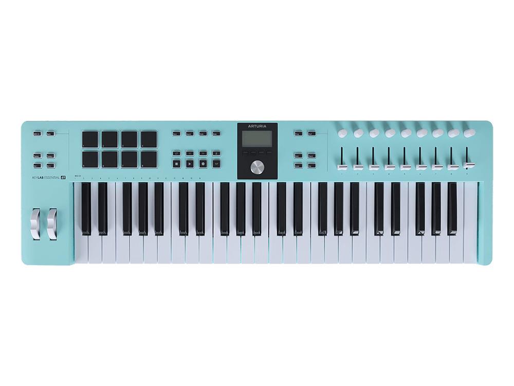 MIDI клавиатура [231524] Arturia [KeyLab Essential 49 mk3 Aquamarine] 49 клавиш, LCD дисплей, 9 энкодеров, 8 пэдов, 9 фейдеров, 12 кнопок управления, колеса высоты тона и модуляции, 1/4" Jack