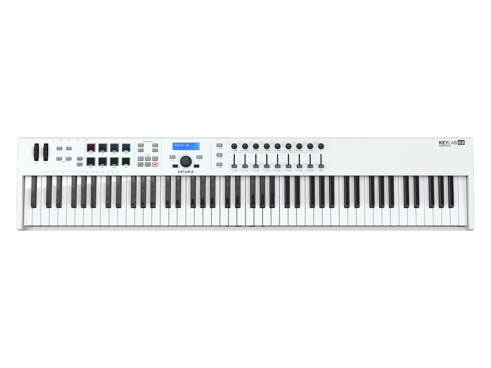 MIDI клавиатура [231541] Arturia [KeyLab Essential 88 mk3 White] 88 клавиш, LCD дисплей, 9 энкодеров, 8 пэдов, 9 фейдеров, 12 кнопок управления, колеса высоты тона и модуляции, 1/4" Jack вход