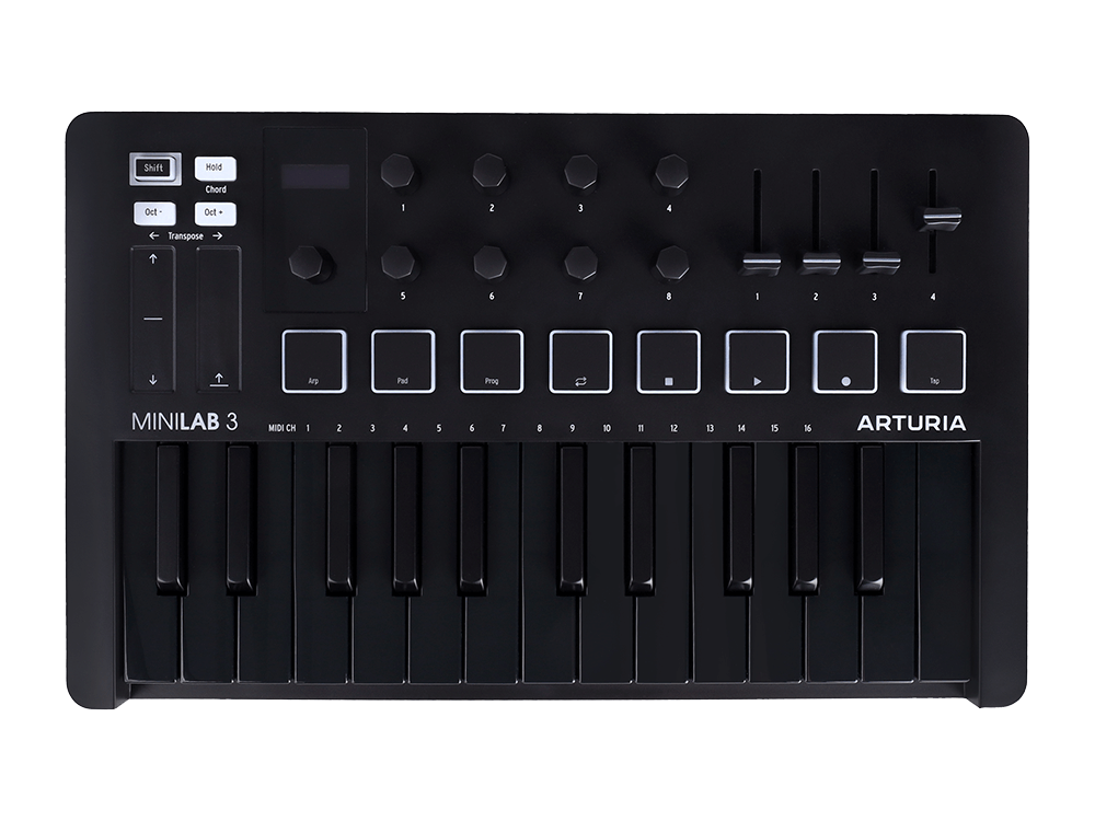 MIDI клавиатура [231503] Arturia [MiniLAB 3 Deep Black] 25 клавиш, 8 энкодеров, 8 RGB пэдов, 8 фейдеров, дисплей, сенсорные регуляторы Pitch/Modulation, MIDI-выход, 1/4" Jack вход педали, реж