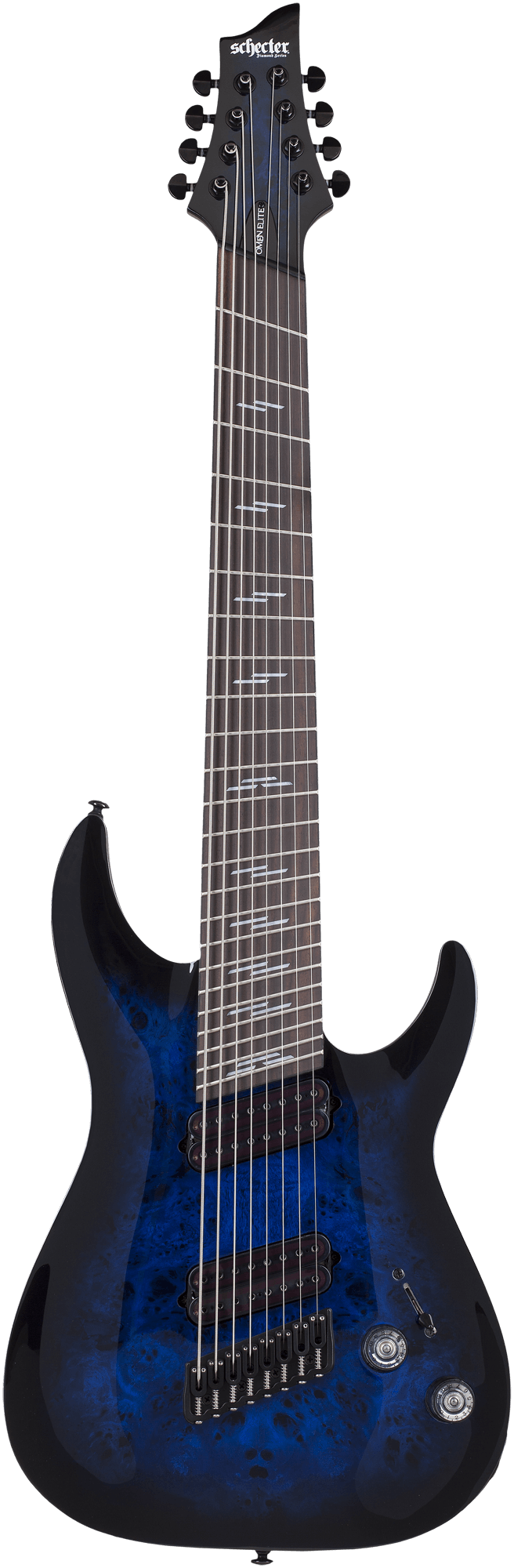 Электрогитара SCHECTER [OMEN ELITE-8 MS STBB] электрогитара 8-струнная, мультимензур, корпус: красное дерево, топ: кап, гриф: клен, накладка: палисандр, 24 лада, цвет: See-Thru Blue Burst (ST