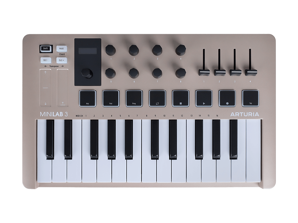 MIDI клавиатура [231508] Arturia [MiniLAB 3 Champagne] 25 клавиш, 8 энкодеров, 8 RGB пэдов, 8 фейдеров, дисплей, сенсорные регуляторы Pitch/Modulation, MIDI-выход, 1/4" Jack вход педали, режи