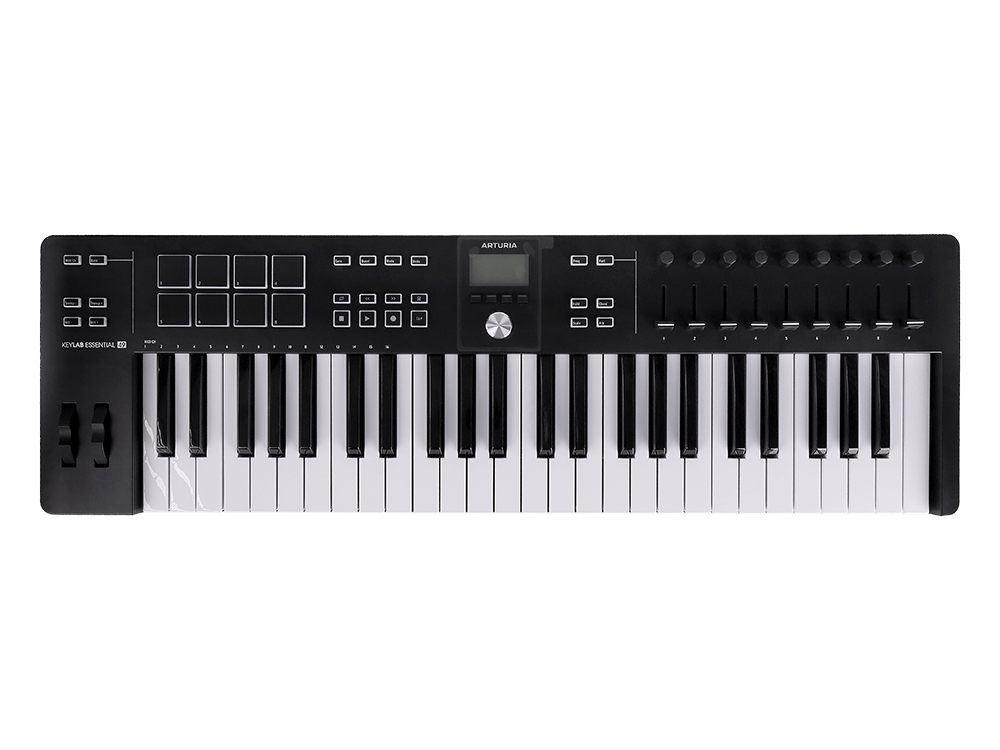 MIDI клавиатура [231522] Arturia [KeyLab Essential 49 mk3 Black] 49 клавиш, LCD дисплей, 9 энкодеров, 8 пэдов, 9 фейдеров, 12 кнопок управления, колеса высоты тона и модуляции, 1/4" Jack вход