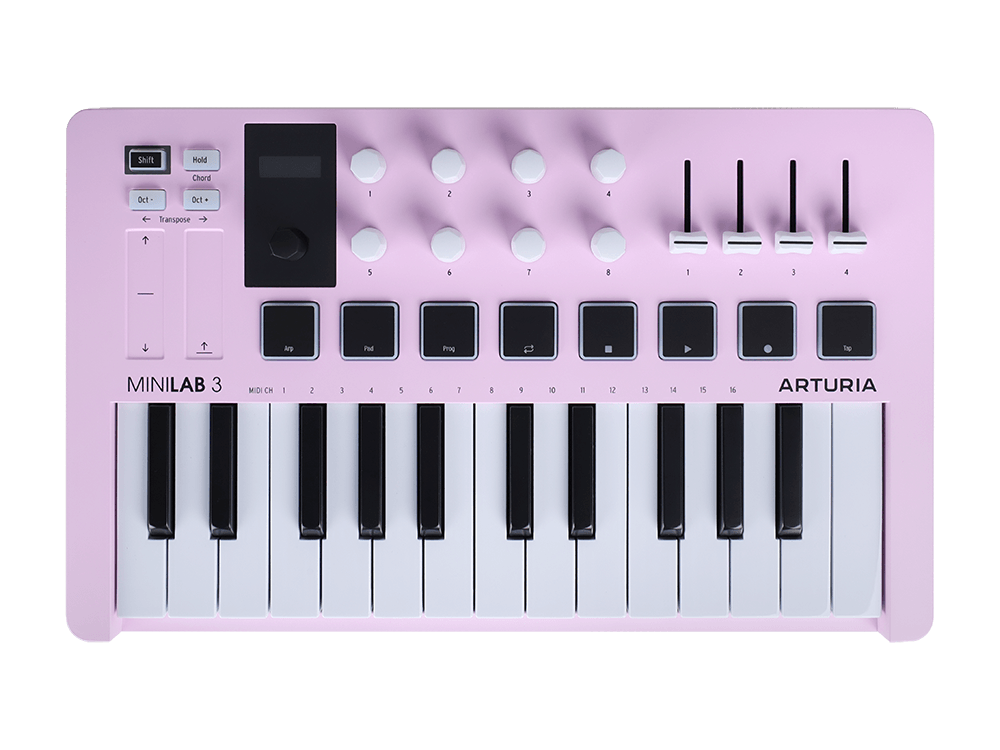 MIDI клавиатура [231509] Arturia [MiniLAB 3 Rose Quartz] 25 клавиш, 8 энкодеров, 8 RGB пэдов, 8 фейдеров, дисплей, сенсорные регуляторы Pitch/Modulation, MIDI-выход, 1/4" Jack вход педали, ре