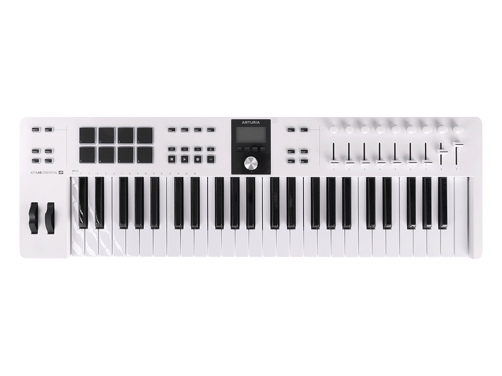 MIDI клавиатура [231521] Arturia [KeyLab Essential 49 mk3 White] 49 клавиш, LCD дисплей, 9 энкодеров, 8 пэдов, 9 фейдеров, 12 кнопок управления, колеса высоты тона и модуляции, 1/4" Jack вход