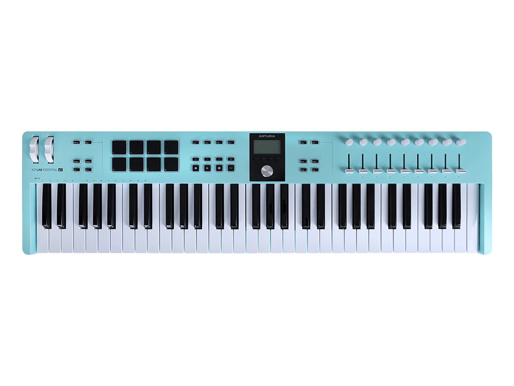 MIDI клавиатура [231534] Arturia [KeyLab Essential 61 mk3 Aquamarine] 61 клавиша, LCD дисплей, 9 энкодеров, 8 пэдов, 9 фейдеров, 12 кнопок управления, колеса высоты тона и модуляции, 1/4" Jac