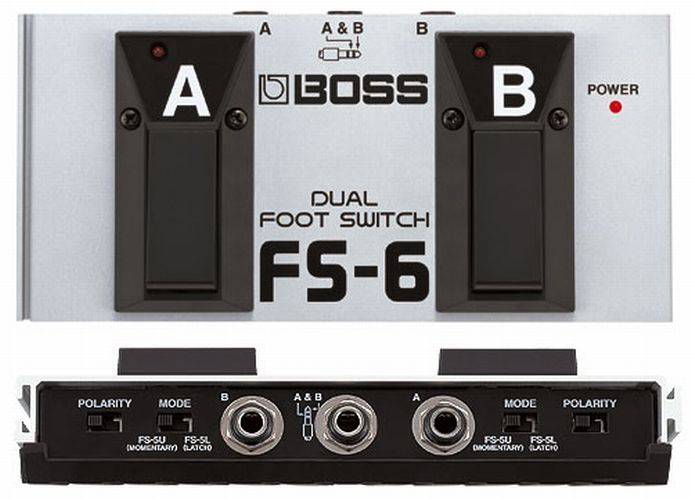 Двойной ножной переключатель (2 футсвитча) BOSS [FS-6] с режимами latch и momentary. Питание: 9 В. Размеры: 188x91x43 мм, вес: 470 г. Разъём: 1/4" (Jack), стереовход. Совместим с усилителями 