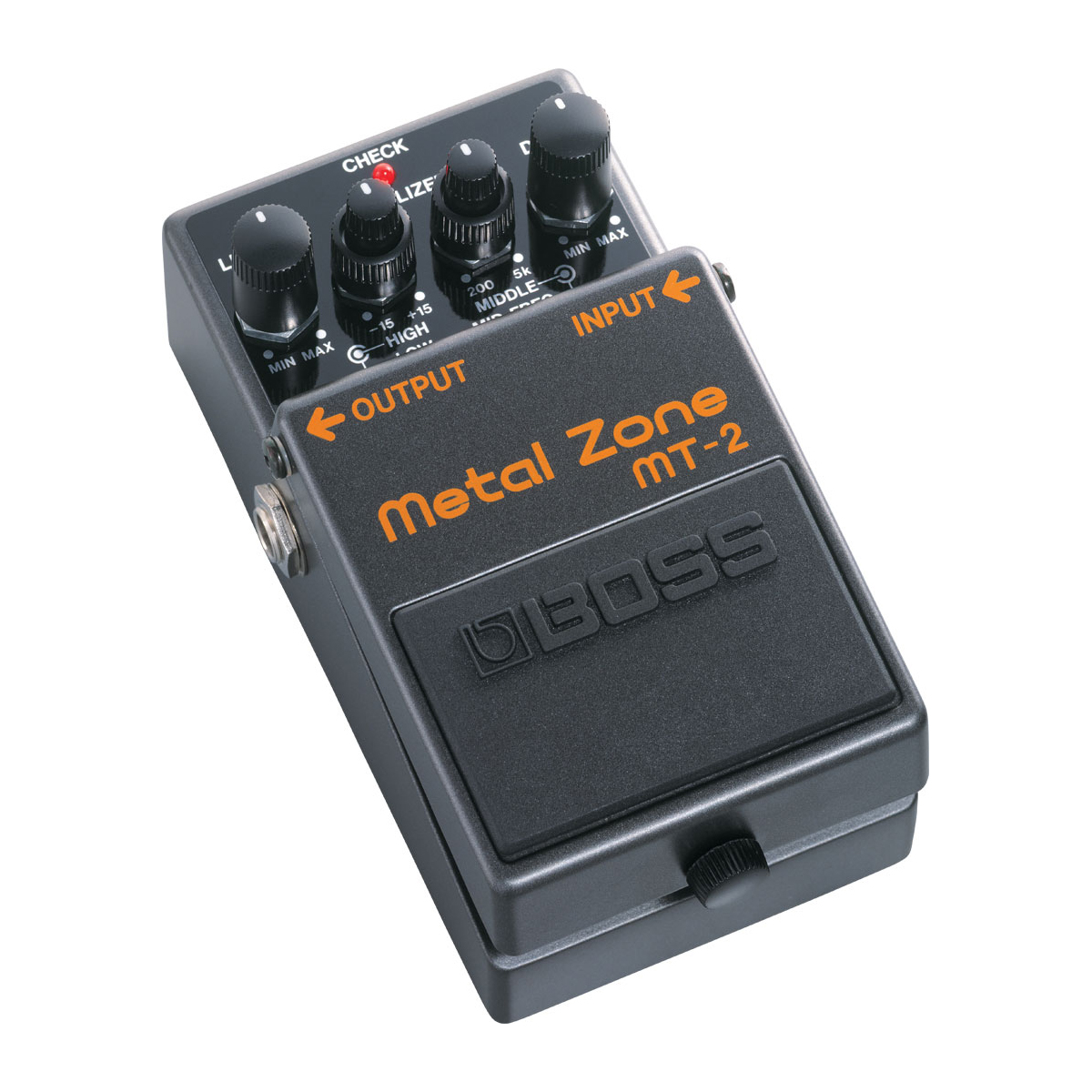 Культовая гитарная педаль дисторшна Metal Zone BOSS [MT-2] Трёхполосный эквалайзер (до 15 дБ), регуляторы DIST и LEVEL. Для метала и тяжёлых жанров. Питание: 9 В (Крона/адаптер, 30 мА). Разме