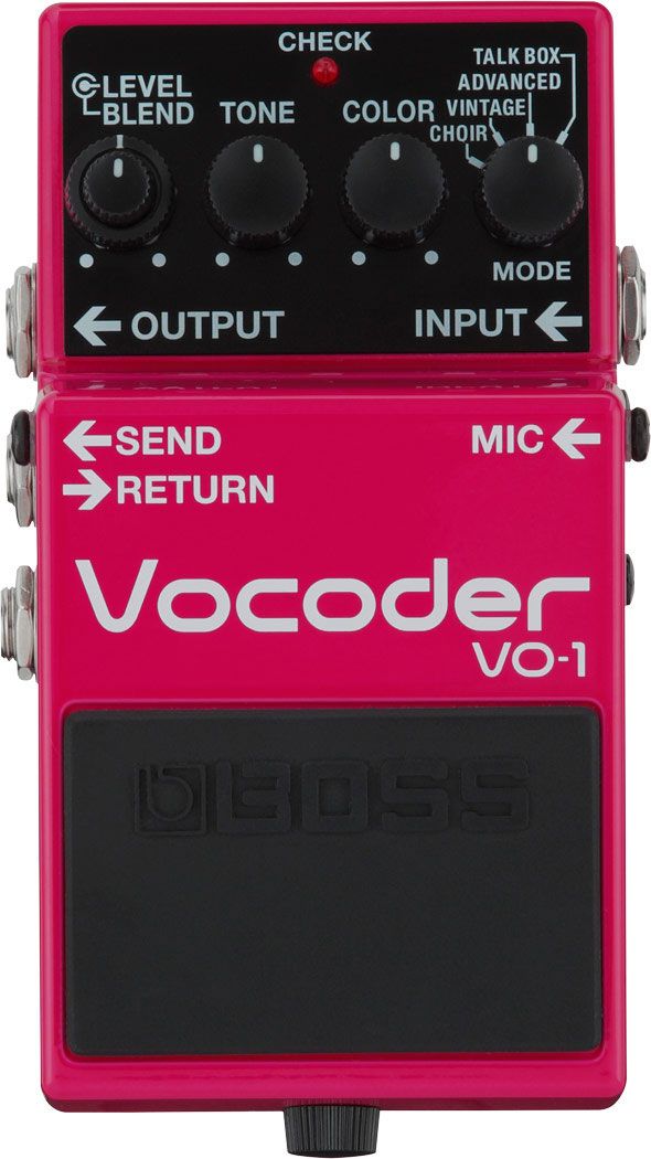 Гитарный педаль вокодера BOSS [VO-1] с 4 режимами (Vintage, Advanced, Talk Box, Choir). Входы: XLR (микрофон) и 1/4" (гитара), питание: 9 В (Крона/адаптер), вес: 450 г.