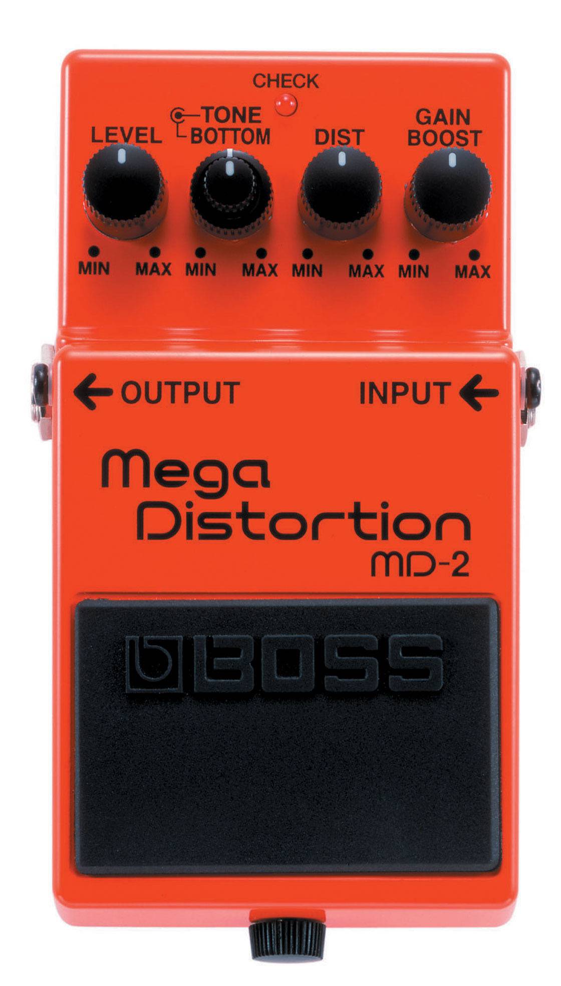 Гитарная педаль Mega Distortion BOSS [MD-2] с двойной цепью дисторшна и бустом гейна. Регуляторы: DIST, LEVEL, TONE/BOTTOM, GAIN BOOST. True Bypass. Питание: 9 В (Крона/адаптер). Размеры: 73x
