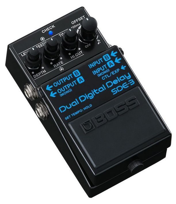 Цифровая педаль дилея BOSS [SDE-3] с имитацией звука Roland SDE-3000 (1983 г.). Время задержки до 1600 мс (моно), MIDI-синхронизация, Tap Tempo, 4 режима вывода (моно/стерео/wet/dry/mute dry)