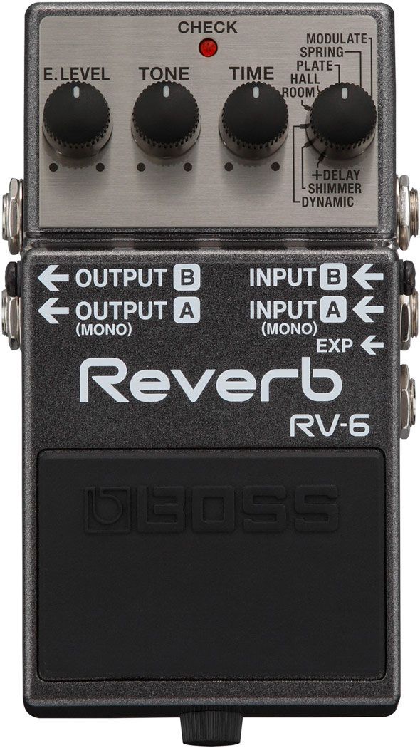 Педаль реверберации BOSS [RV-6] с 8 режимами (Room, Hall, Plate, Spring, Shimmer, Modulate, Dynamic, Reverb+Delay). Регуляторы: E.LEVEL, TIME, TONE, MODE. Стереоподключение, вход для педали э