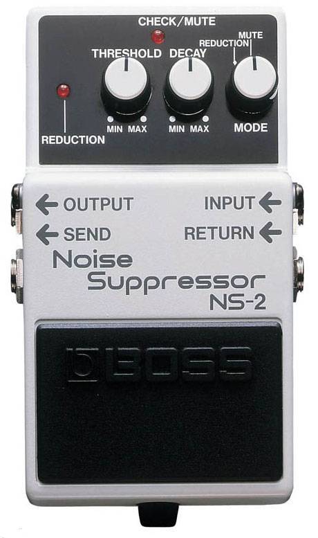 Гитарная педаль шумоподавления BOSS [NS-2] для гитары/баса. Режимы: Reduction (подавление шума) и Mute (полное заглушение). Регуляторы: THRESHOLD, DECAY, MODE. Буферизованный байпас, светодио