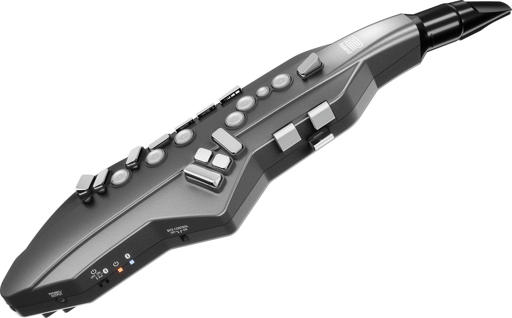 Электронный саксофон ROLAND [AE-05] Aerophone GO с аппликатурой классического инструмента. 11 предустановленных тембров (включая саксофоны разных типов, флейту, кларнет), датчики дыхания и ка