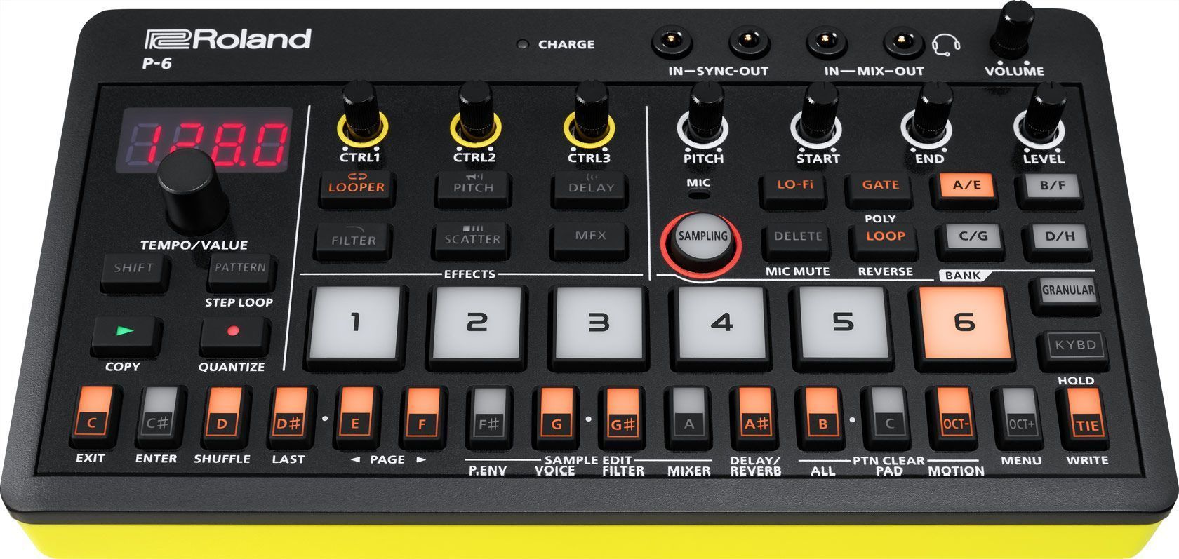 Компактный креативный сэмплер ROLAND [P-6] серии AIRA Compact с 48 сэмплами, 6 пэдами, 64-шаговым секвенсором, гранулярным режимом, 20 мультиэффектами, USB-C, MIDI, встроенным микрофоном, раб