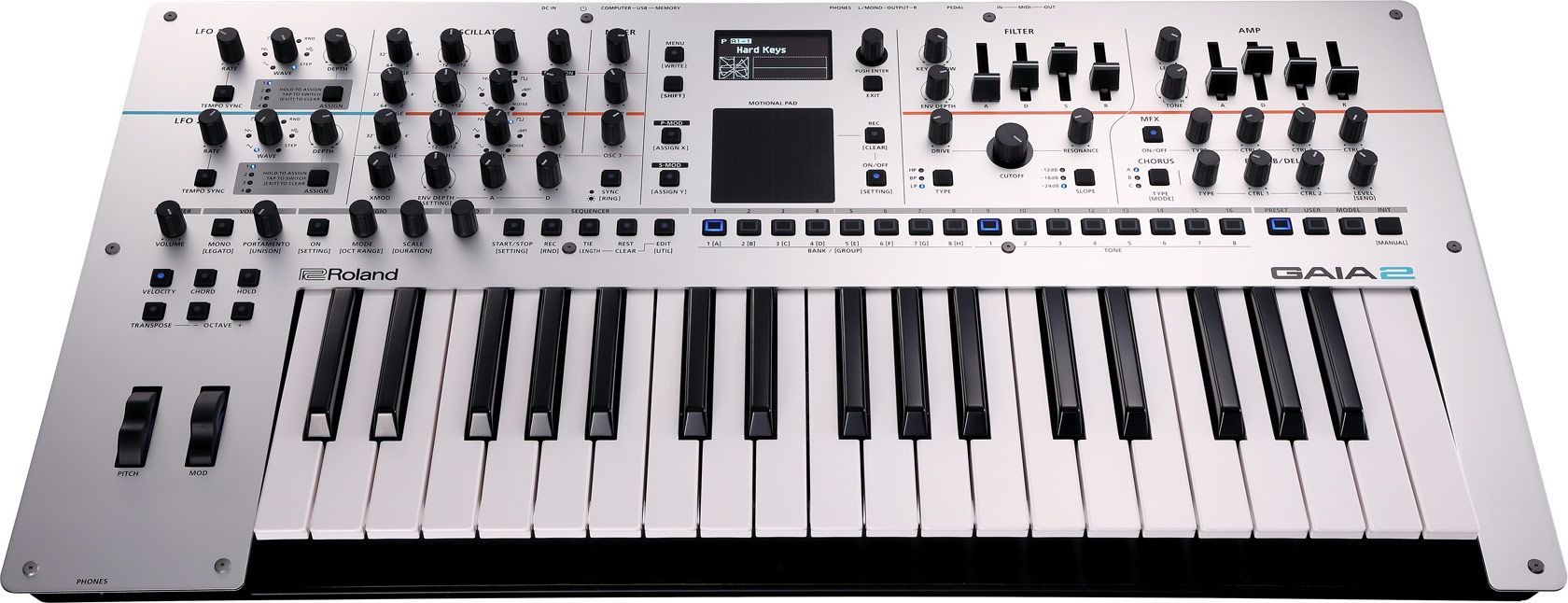 Мощный гибридный 37-клавишный синтезатор ROLAND [GAIA-2] с Wavetable и 2 виртуально-аналоговыми осцилляторами, полифония 22 голоса, фильтр LPF/BPF/HPF (-12/-18/-24 дБ), эффекты Reverb/Delay/C