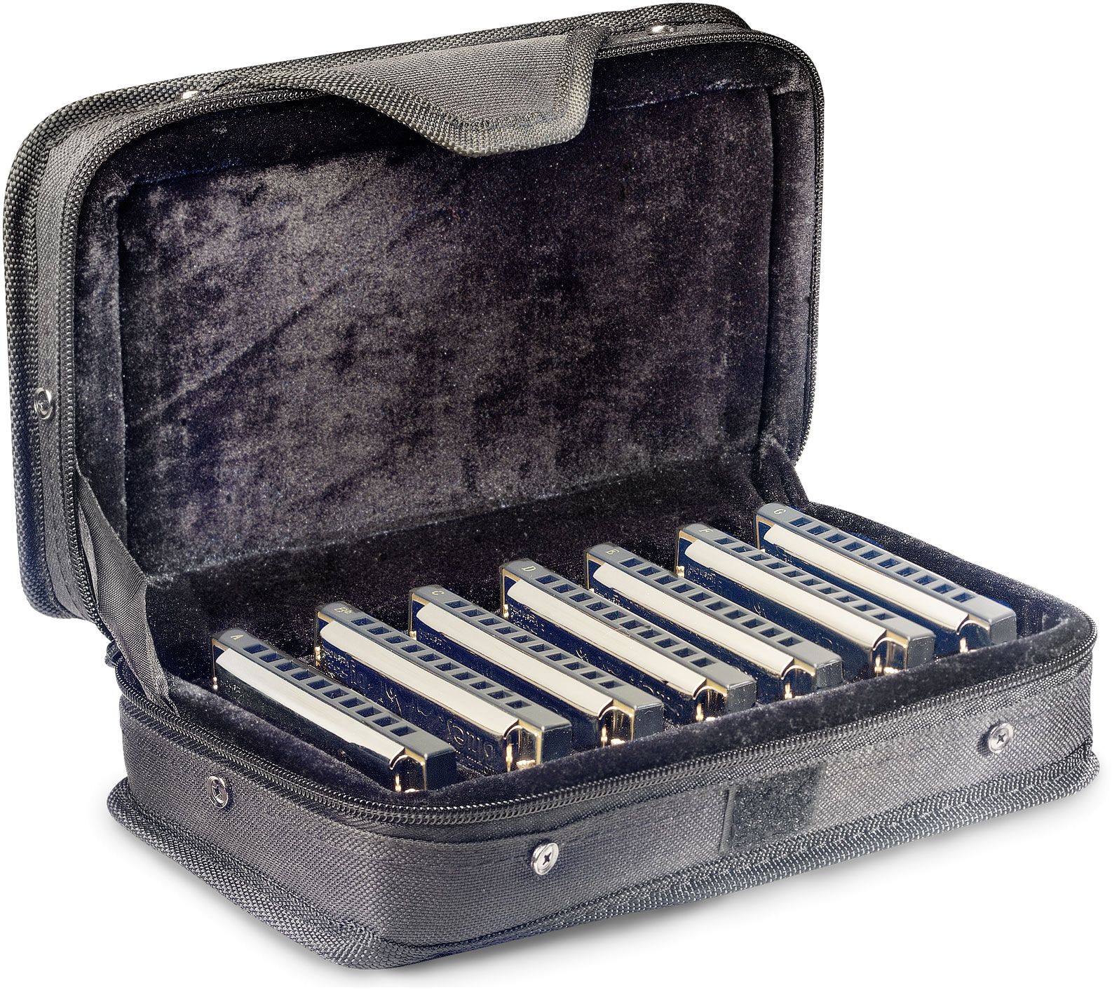 Комплект губных гармоник STAGG [BJH-B20 SET1] блюзовых, BJH-B20 7 шт. в кейсе, строй A+Bb+C+D+E+F+G, 10 диатонических отверстий, 20 тонов, медные пластины 0,9 мм