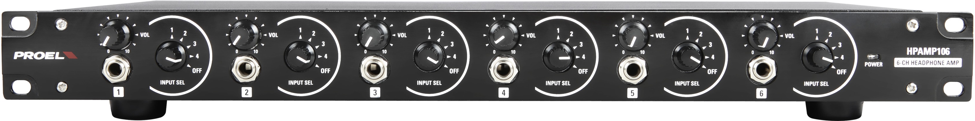 Предусилитель для наушников PROEL [HPAMP106] 6-ти канальный, АЧХ 20-20000, входное сопр. 47 кОм, макс. вх. уровень +25 дБ, макс. вых. мощность 2х193 мВт/32 Ом/канал, THD 0,02%, S/N -98 дБ, 4х