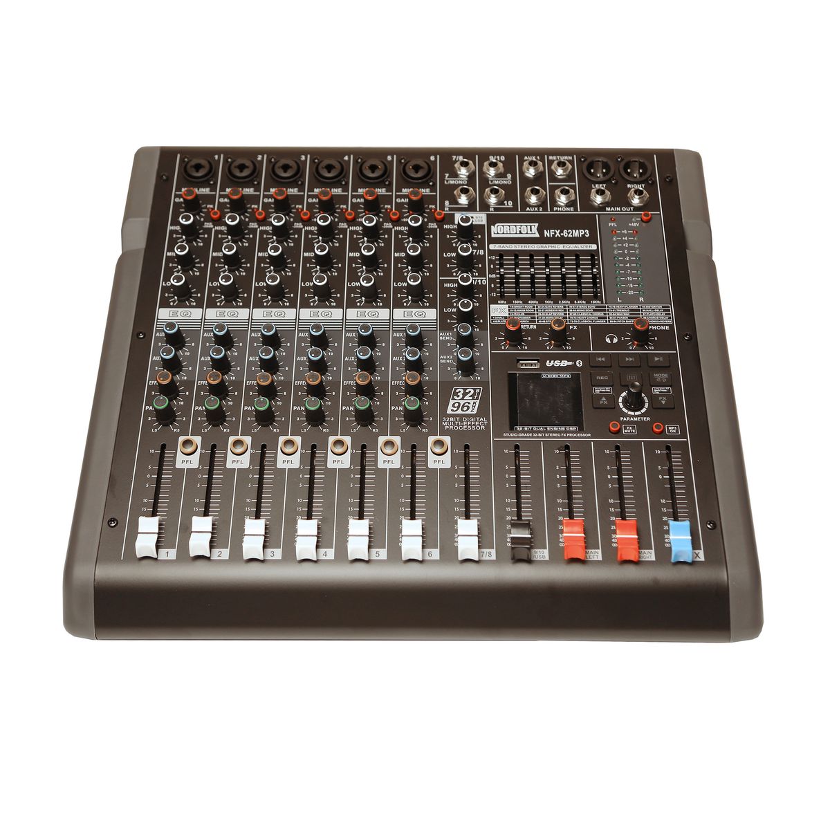 Nordfolk NFX-62MP3 микш пульт, 6 микр/2 стерео входа,DSP, MP3, Bluetooth